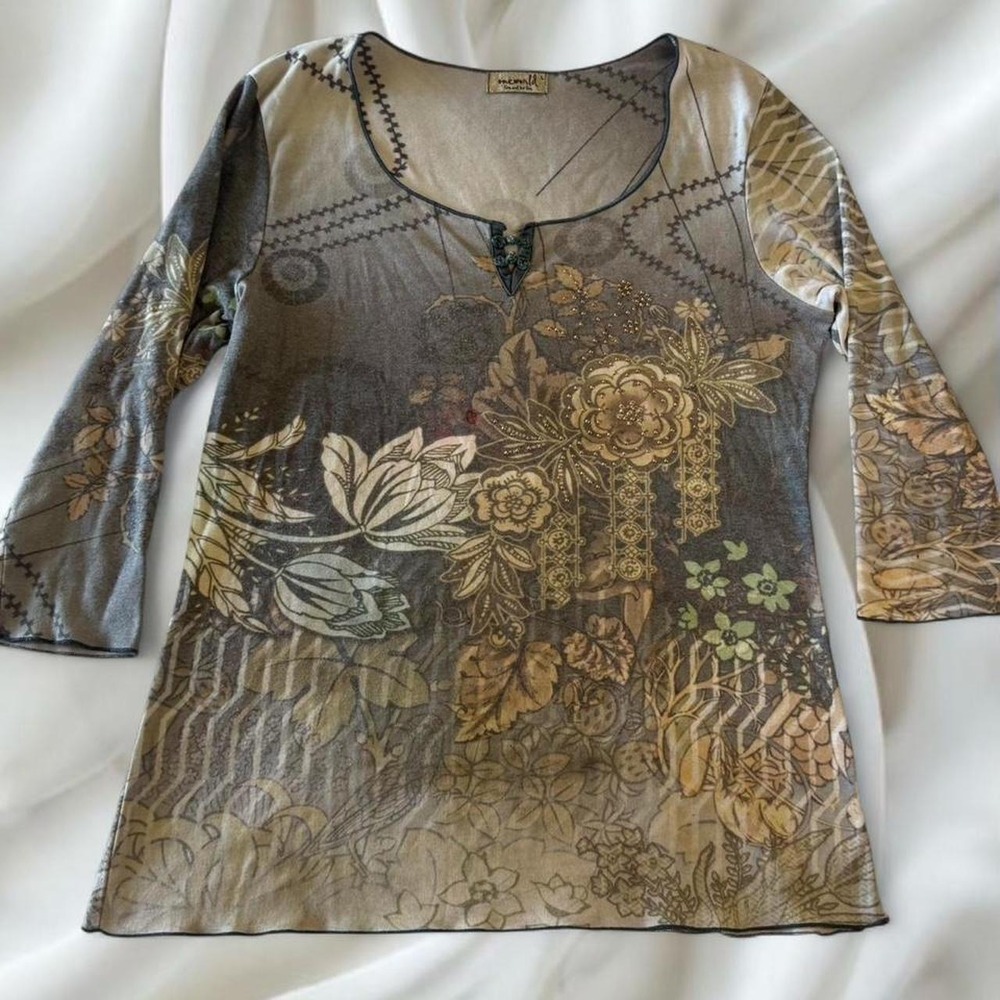 Y2K‎ vintage Emerald graphic floral rhinestone henley babydoll top fairy euro